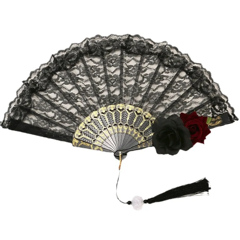 Vintage European Rose Lace Folding Fan Retro Dark Gothic Hand Fan for Wedding Party Decoration Photo Prop Cosplay Show Dance Fan