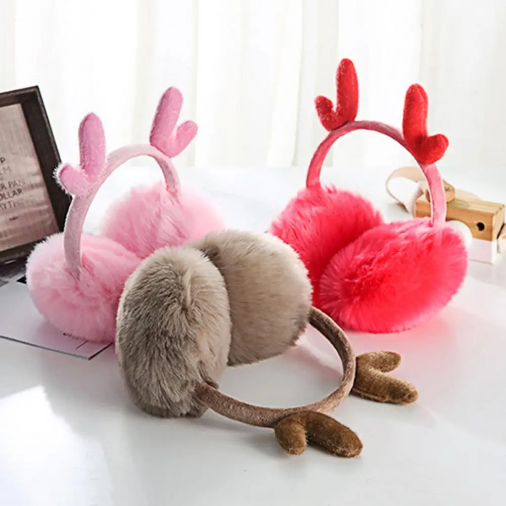 Faux Rabbit Fur Deer Antler Soft Plush Ear Warmer Winter Warm Earmuffs for Women Non slip Ear Comfortable Ear Warmer