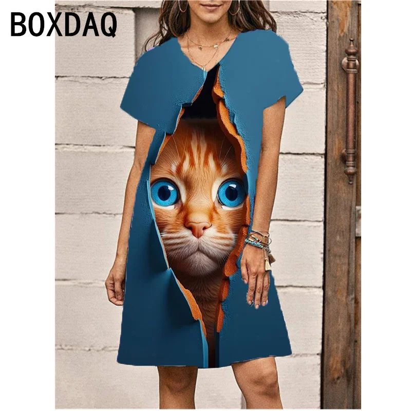 Fashion V-neck Short Sleeve Summer Women Dress 3D Cute Cat Printed A-Line Dress S-3XL Big Size Femme Knee-length Dress Vestidos