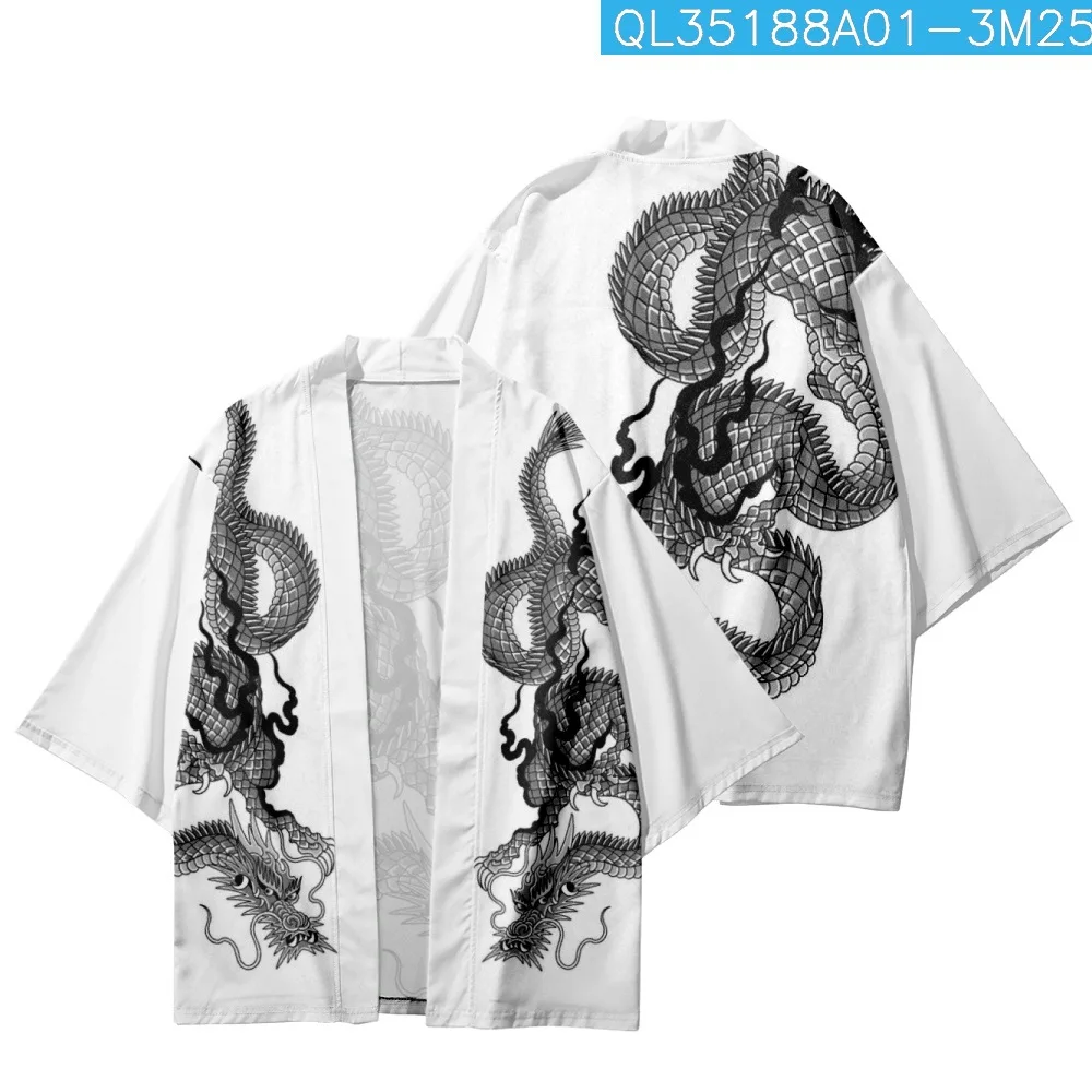 

Loose Cartoon Chinese Dragon Printed White Kimono Beach Shorts Cardigan Summer Casual Couple Women Men Haori Yukata Streetwear