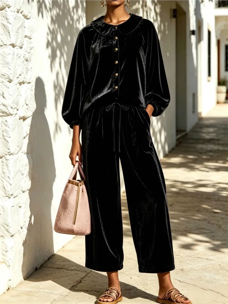 Women's Fashion Lantern Sleeve Shirt Drawstring High Waist Pants Set 2026 Spring And Summer New Product Casual Set Female