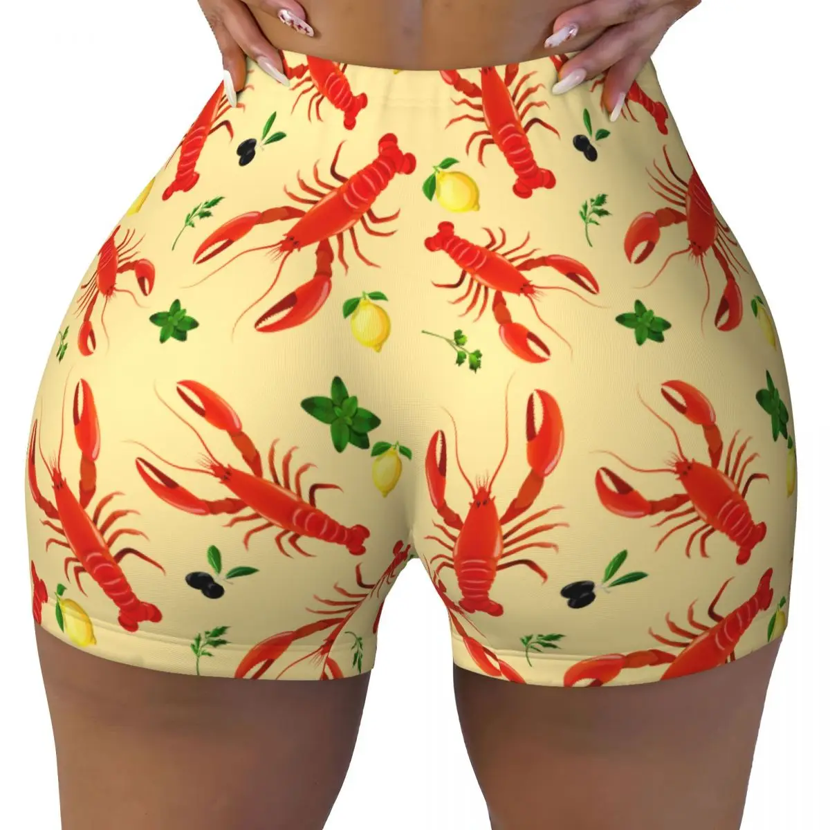 Women Yoga Shorts Lobster Sea Food Lemon Pattern Workout Shorts Fitness quick-dry Ladies Yoga Gym Running Short Pants Sportswear