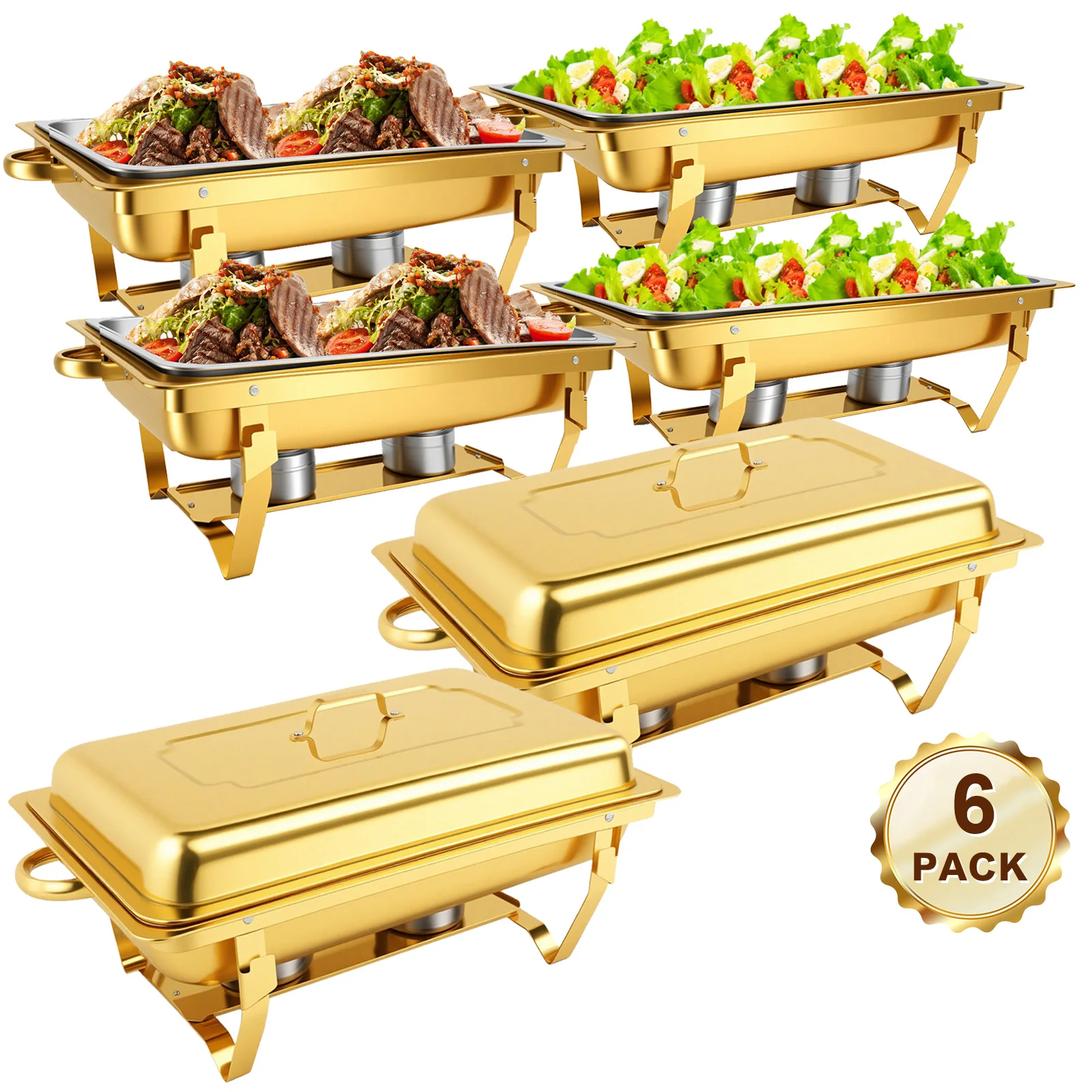 2/4/6 Packs Chafing Dish Buffet Set 9 Quart Square Gold-Plated 316 Stainless Steel Food Warmer Rectangle Chafing Dish with Serving Tongs for Catering Parties Weddings