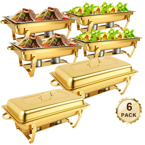 2/4/6 Packs Chafing Dish Buffet Set 9 Quart Square Gold-Plated 316 Stainless Steel Food Warmer Rectangle Chafing Dish with Serving Tongs for Catering Parties Weddings