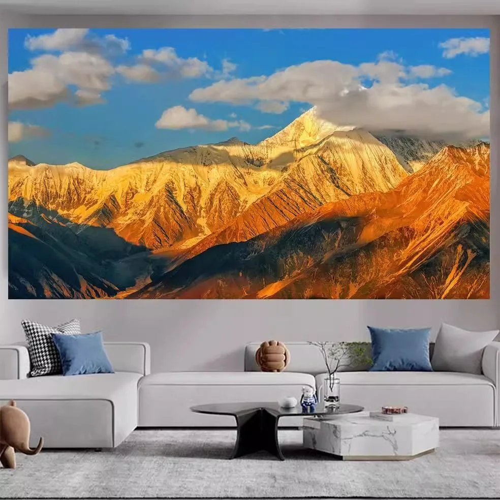 Large Mountain Landscape Tapestry Wall Hanging Canvas Art Golden Sunset Nature Print Boho Living Room Decor Mural Decoration