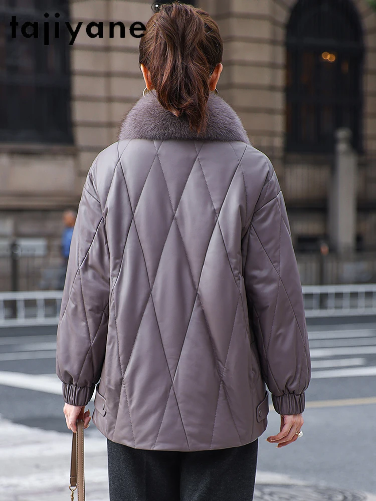 TAJIYANE 100% جلد الغنم أوزة أسفل معطف فضفاض قصير الجلد الحقيقي سترة منفوخة النساء مع الثعلب طوق الشتاء ملابس امرأة 2025