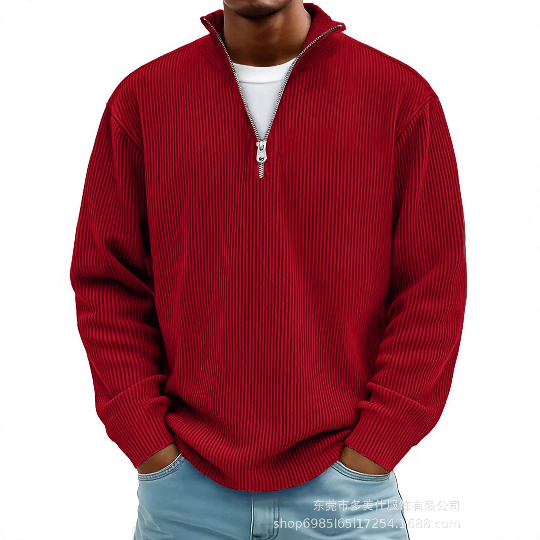 Men's European and American Style Autumn Pullover Casual Top Stand-collar Zippered Corduroy Long-sleeved Men's Polo Shirt Blouse
