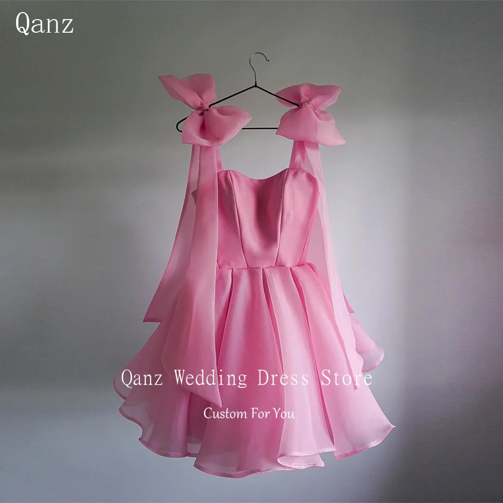 

Qanz Pink Oragnza Prom Dresses Bow Satraps Sweetheart Vestido Graduación Lace Up Back Short A Line Evening Gowns Customized