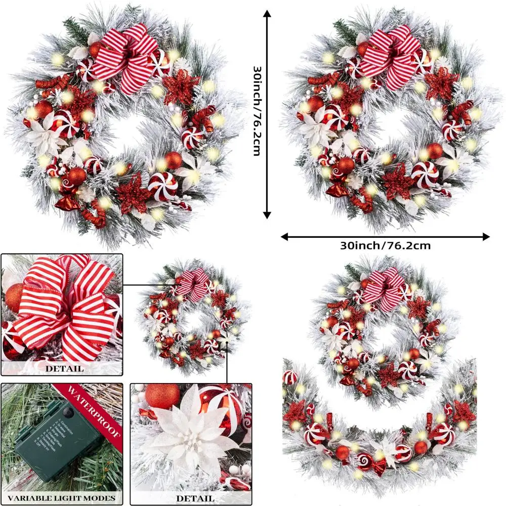 

Lit Christmas Wreath 30 Inch, Large Door Decor with 50 LED Lights, Red and White Lighted Holiday Wreath for Front Entrance