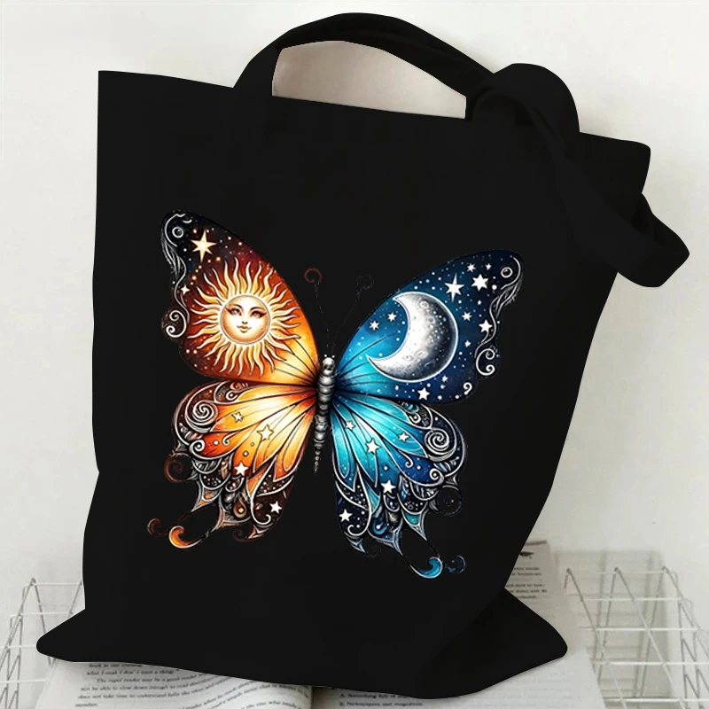 Vintage Gothic Sun Moon Butterfly Print Women Canvas Tote Bag Fashion Casual Shopping Handbag Butterfly Lover Teen Shoulder Bag