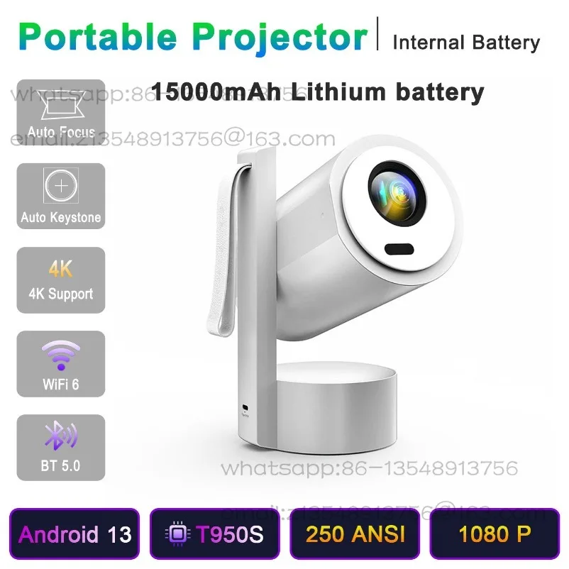 Portable Projector Android 13 4K Support 1080P HD 15000mAh Built-in lithium battery autofocus WiFi6 Bluetooth light source