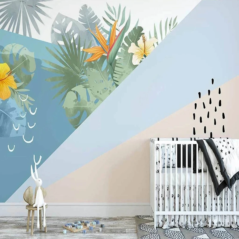 Custom Self-Adhesive Wallpaper 3D Geometric Tropical Plants Mural Living Room Bedroom Background Wall Decor Waterproof  Sticker