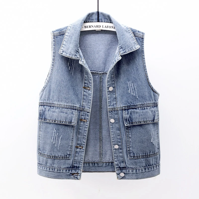 

Denim Women Vest Summer New Turn-Down Collar Sleeveless Pocket Short Solid Female Outwear Coats Tops