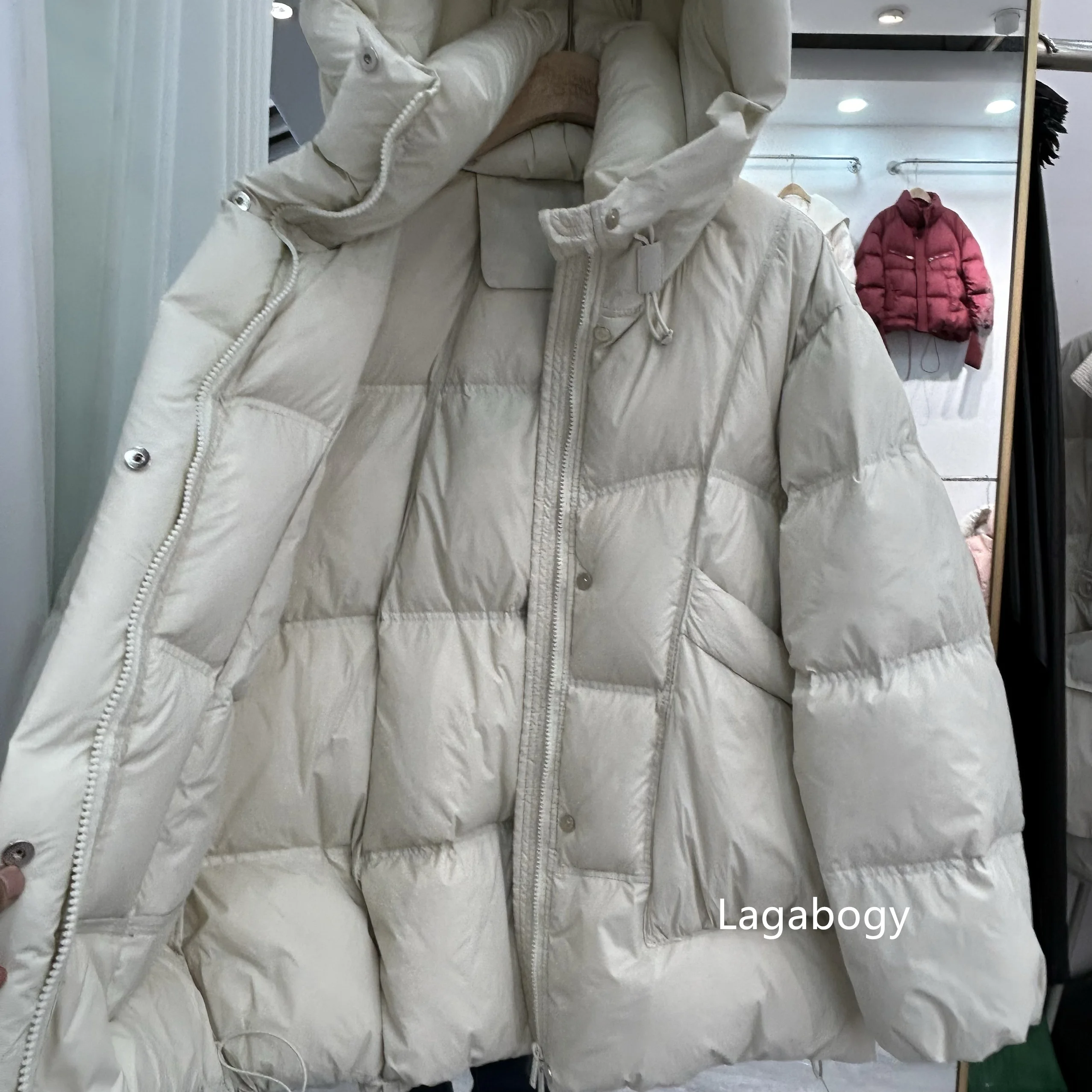 Lagabogy 2025 New Winter Thick Warm Puff Jacket Women 90% White Duck Down Coat Female Hooded Medium-length Loose Zipper Parkas