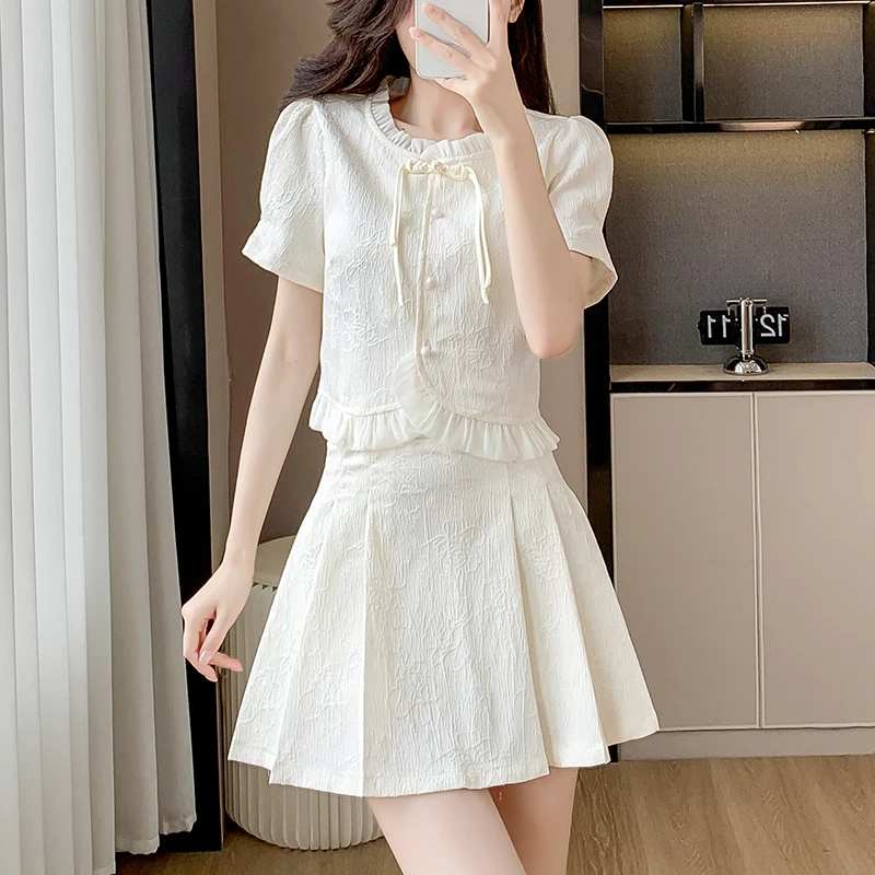 

Two 2 Piece Skirt Sets Fashion Women Short Sleeve Buttons Down Cropped Tops Jacket Coat High Waist A-Line Pleated Skirt Suits