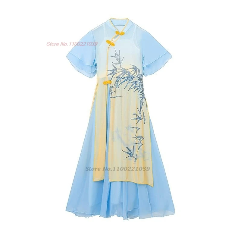 فستان رقص خرافي صيني عتيق لعام 2025 فستان تشيباو الوطني مطبوع عليه زهور + طقم سراويل فستان شعبي للمهرجانات أداء المسرح تشيباو