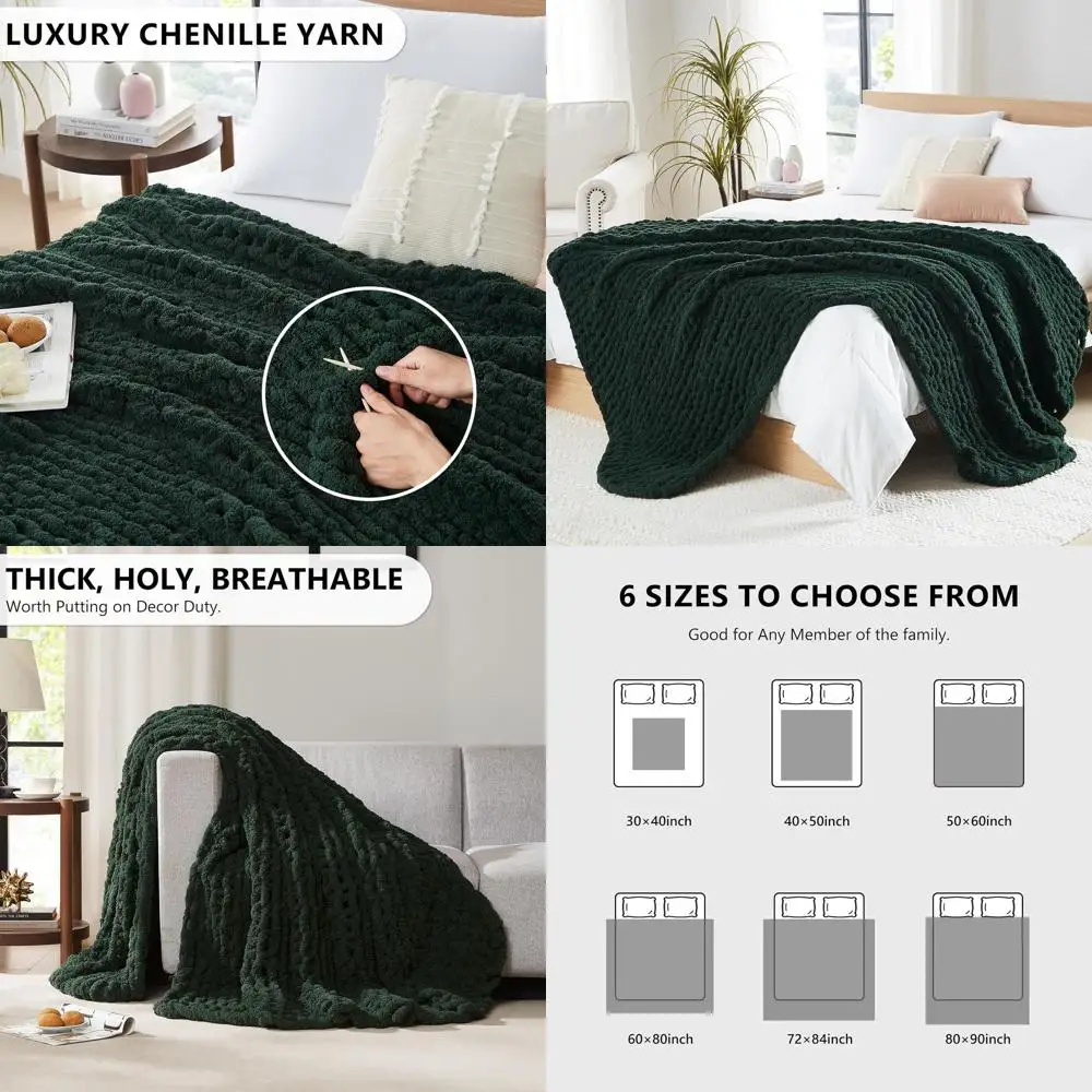 

Green 72x84 Chunky Cable Knit Throw Blanket - Large Handmade Chenille for Bed or Couch