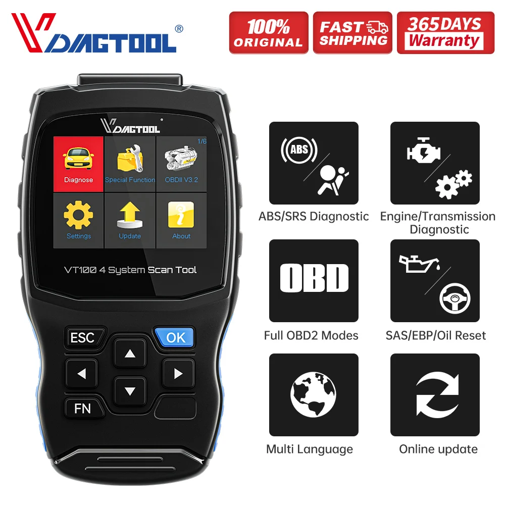 VDIAGTOOL VT100 OBD2 Professional Vehicle Diagnostic Tool Engine Analyzer ABS SRS Transmission EOBD OBD 2 Code Reader Scanner