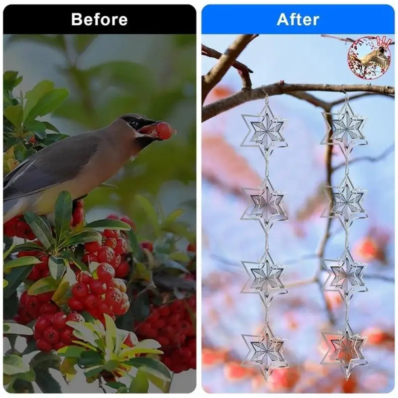 E8BD Decorative Outdoor Bird Scare Hangers with Silver-Tone Snowflake Metalwork, Light-Catching Finish and Motion for Patios and
