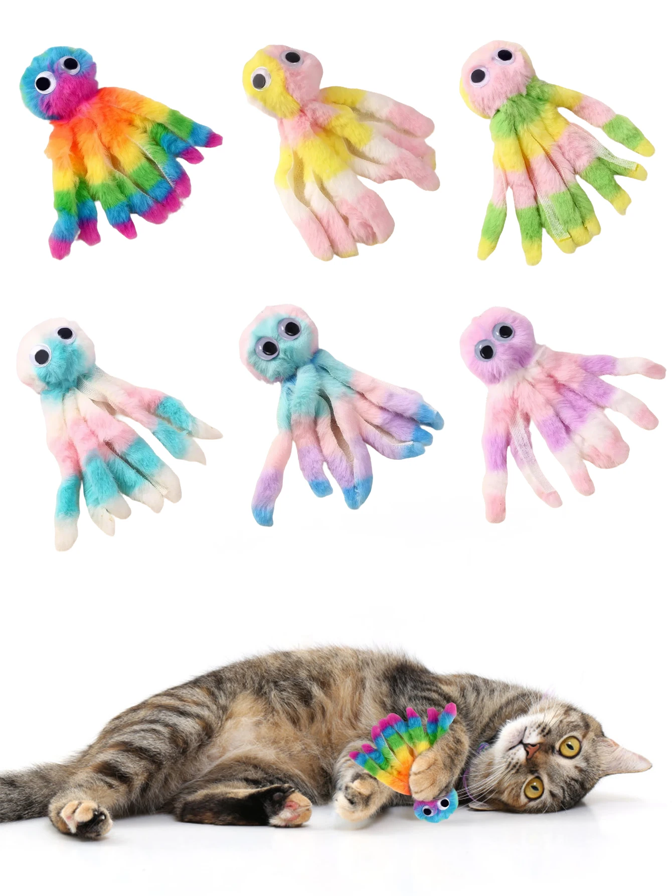 Adorable Octopus Plush Cat Toy - Interactive Chew & Kick Game, Teaser Wand Replacement Heads, Assorted Colors for Indoor Cats