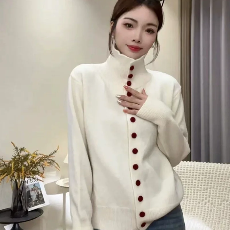 الياقة المدورة المرأة سترة 2026 جديد ربيع الخريف عالية الرقبة محبوك سترة شيك واحدة الصدر تريكو سترة سترة