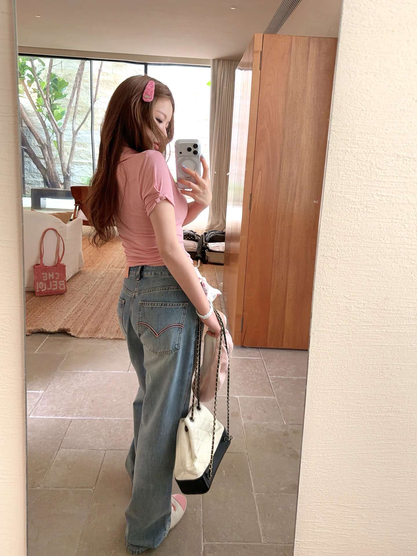 

HSTUDIO Vintage Washed Denim Wide Leg Casual Pants Women Summer Straight Cut Embroidery Line Color Block Cotton Jeans