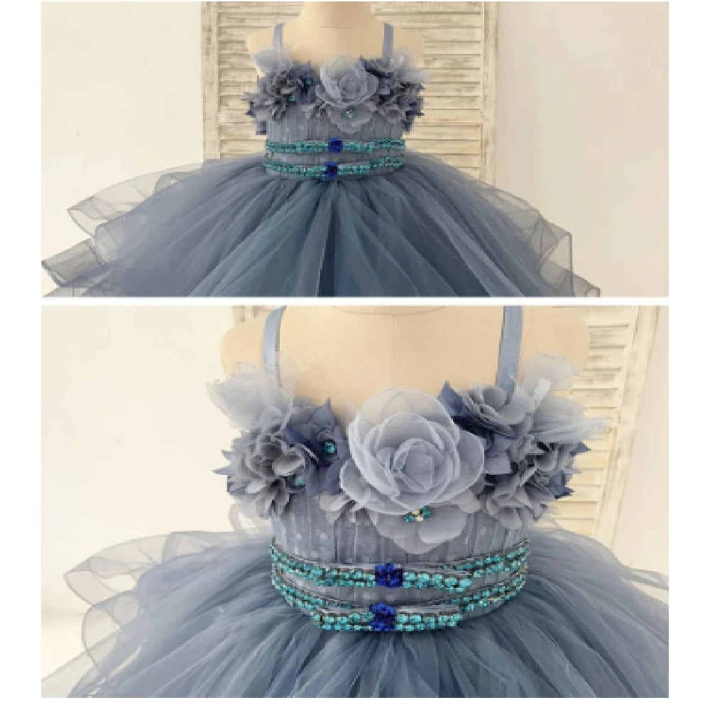 Vestidos de flores para niña, apliques de tul finos con correa para el hombro, tul de princesa de comunión, vestido de baile de cumpleaños para niñas, hasta el suelo