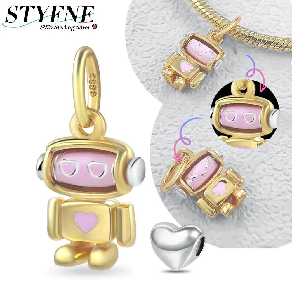 Golden Robot Smart Expression Pink Enamel Craft Charm Fit Ladies DIY 925 Sterling Silver Original Bracelet Jewelry