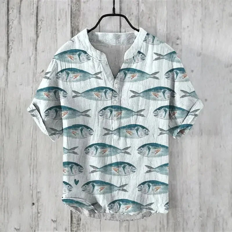 Camisa de manga curta grande masculina, estilo chinês fresco, Ocean Fish Series Print, três botões, verão, fábrica