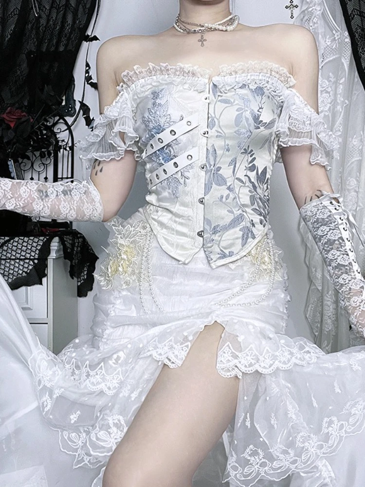 AltGoth خمر القوطية لوليتا سترة المرأة قصر نمط الجمالية Fairycore الجرونج العيينة الدانتيل المرقعة حمالة قطع علوية بدون حمالات