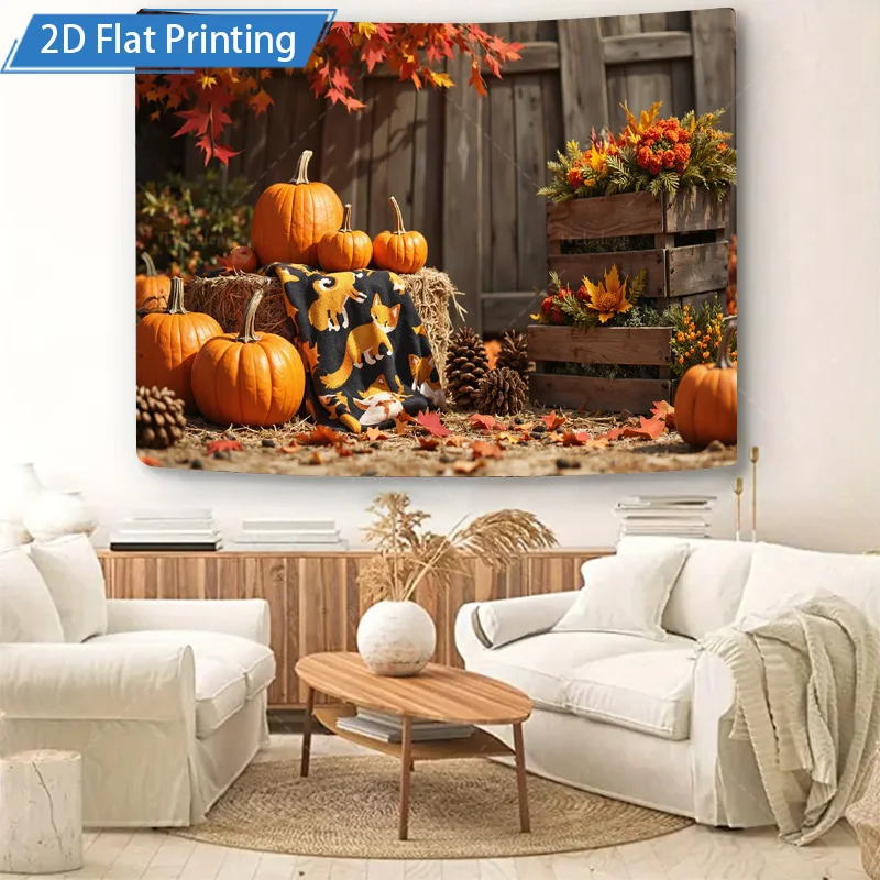 [2D FLAT] 1pc 4x16inch Metal Sign Autumn Harvest Scene Metal Wall Art with Pumpkins and Fox Pattern 2D Flat Print Decor