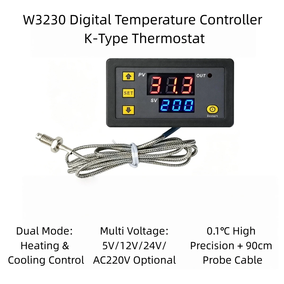 Controlador de temperatura digital w3230-60 ~ 500c k tipo termostato regulador interruptor de controle de aquecimento e resfriamento 5v 12v 24v 110-220v