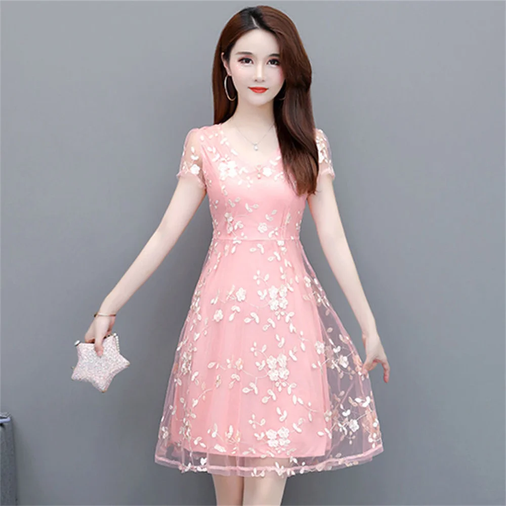 2025 신상 봄 여름 여성 중국풍 미니 원피스 패션 플로럴 메쉬 자수 슬리밍 스커트 여름 스윗 리틀 스커트