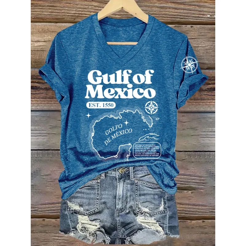 Ladies Short Sleeved T-Shirts Casual V Neck Summer Tops Gulf Of Mexico Day Printed T Shirt