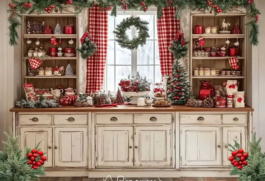 Mehofond Photography Background Christmas Kitchen White Cabinet Window Kids Family Holiday Portrait Decor Backdrop Photo Studio