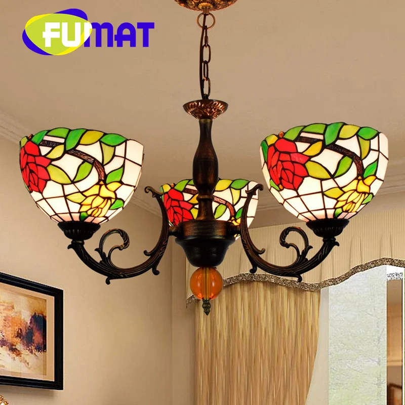 

FUMAT Tiffany style stained glass Vintage Red rose Green Leaf 3 chandelier Bar Living Room Dining Room Bedroom hallway decor