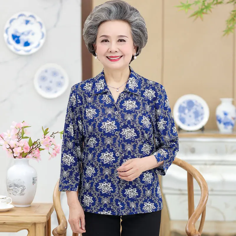 Middle Age Women Blouses 3/4 Sleeve Turn Down Collar Casual Shirt Mother Tops  5XL Floral Grandma Blusas Femininas