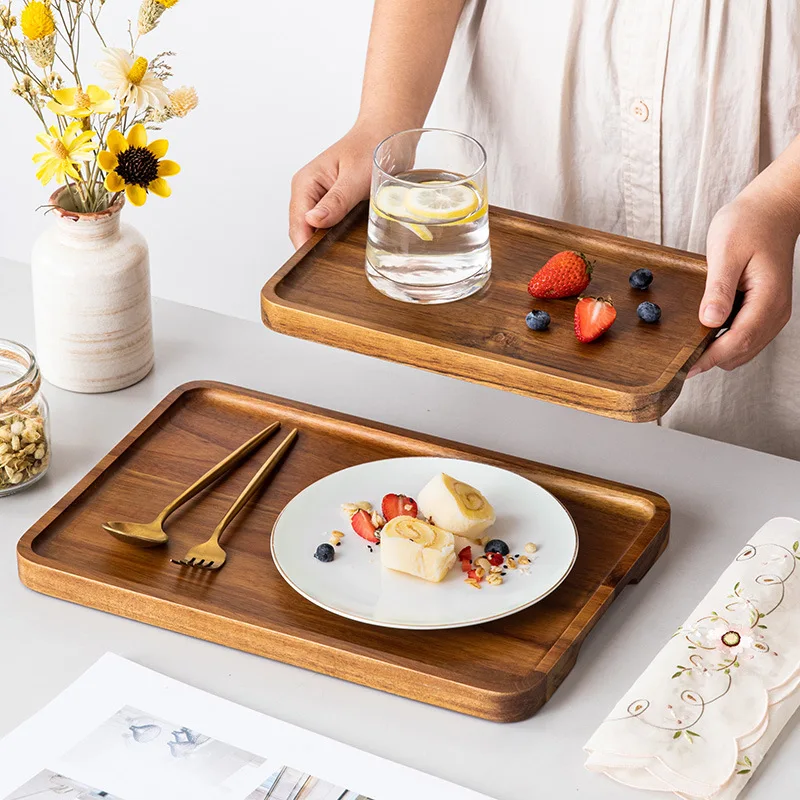 

Japan Style Acacia Wooden Dinner Plate Household Rectangular Cup Holder Dessert Storage Serving Tray Friendly Tableware