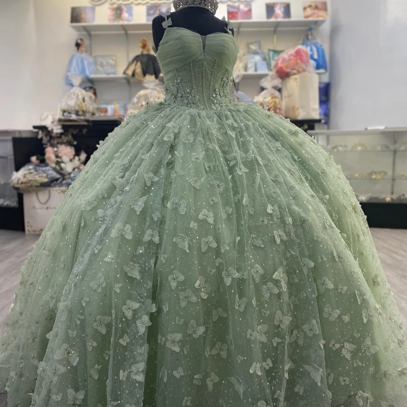 Lorencia Sage Green Quinceaneras Dress 2023 Ball Gown 3D Flowers Appliques Beads Bow Prom Dance Party Vestidos De 15 aecos YQD266