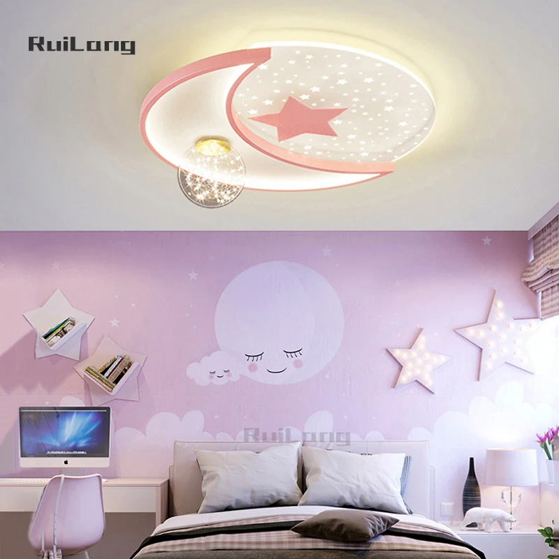 Creative Moon Star Ceiling Lamp Nursery Baby Boy Girl Room Deco Pink Chandelier Kids Bedroom Plafon Led Ceiling Light with Stars