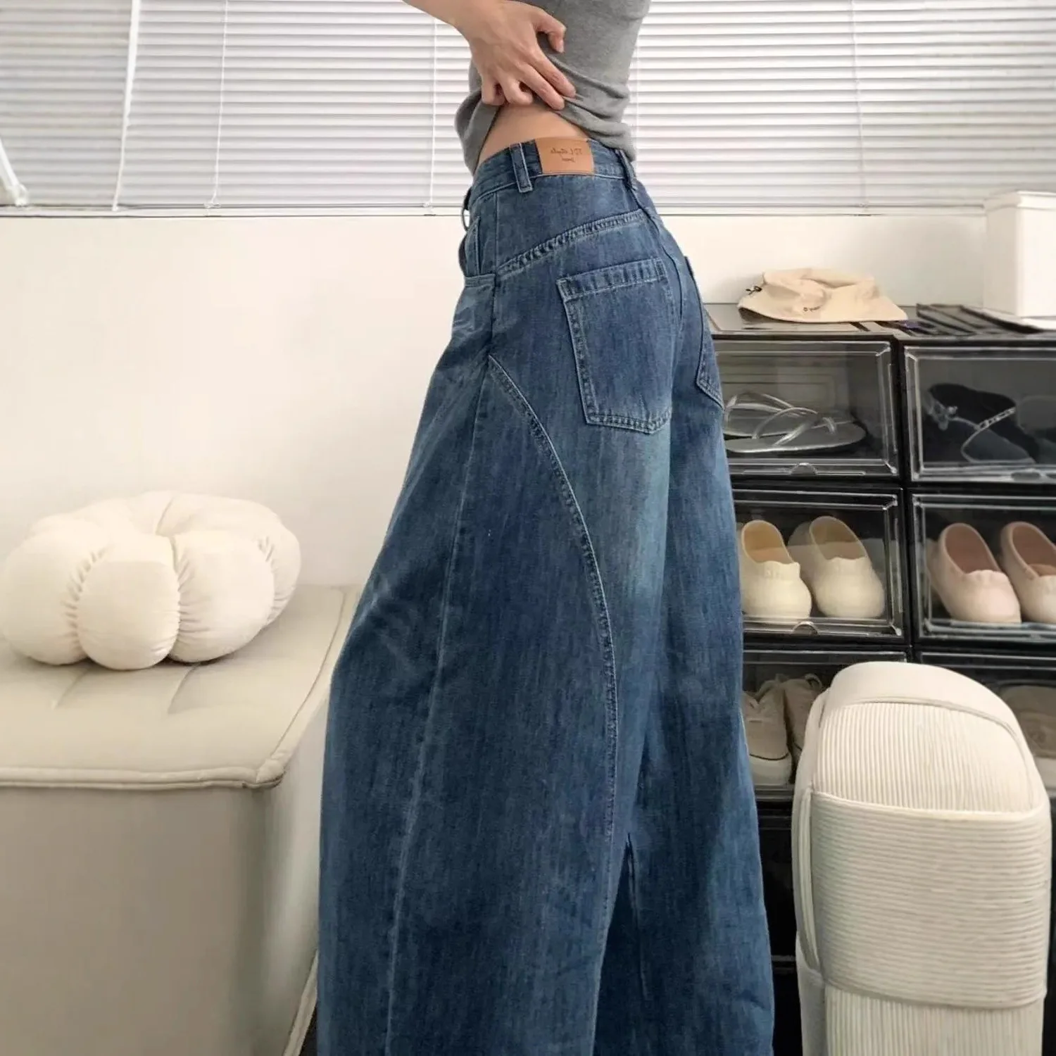 Women Pant Wide Leg Long Pants Vintage Washed Jeans Loose Work Casual High Waist Straight Trousers Y2k Streetwear Elegant Splice