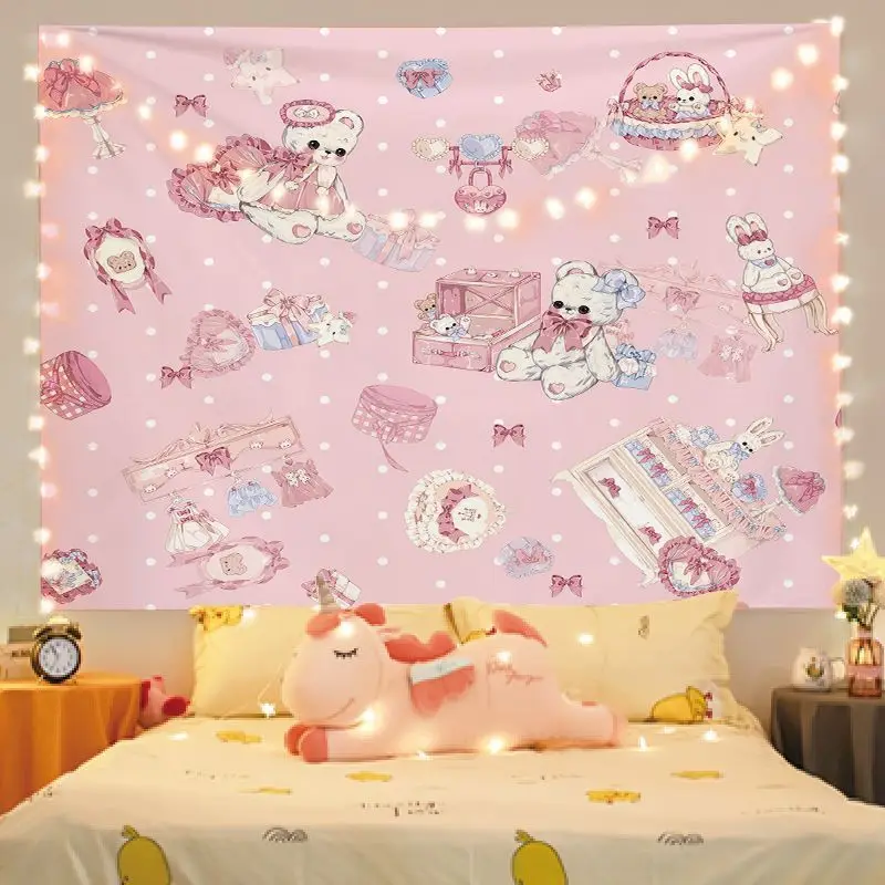 VIKAMA Pink Polka Dot Lolita Little Bear Rabbit Tapestry, Sweet Bow Cute Pet Wall Hanging for Bedroom Living Room Decor