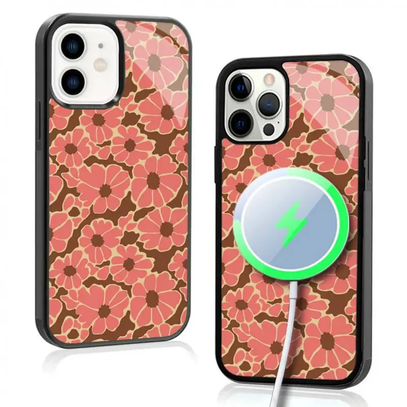 

Brown And Orange Floral Phone Case For IPhone 11 12 13 14 15 Plus Pro Max Mirror Acrylic Cover For Magsafe Wireless Charging