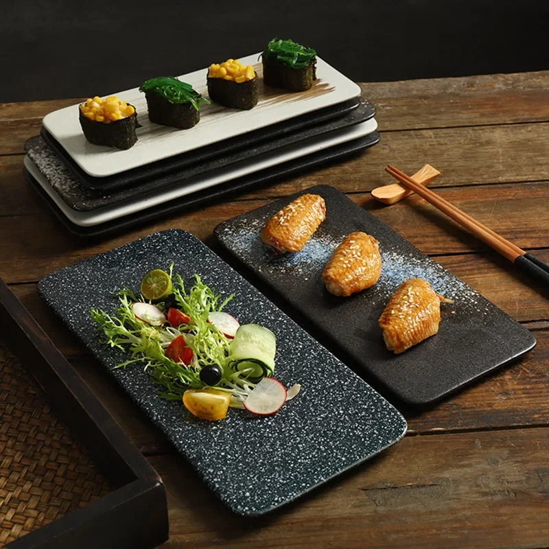 1PC Japanese Sushi Barbecue Plate Ceramic Rectangular Flat Plate Restaurant Creative Dim Sum Cake Household Goods
