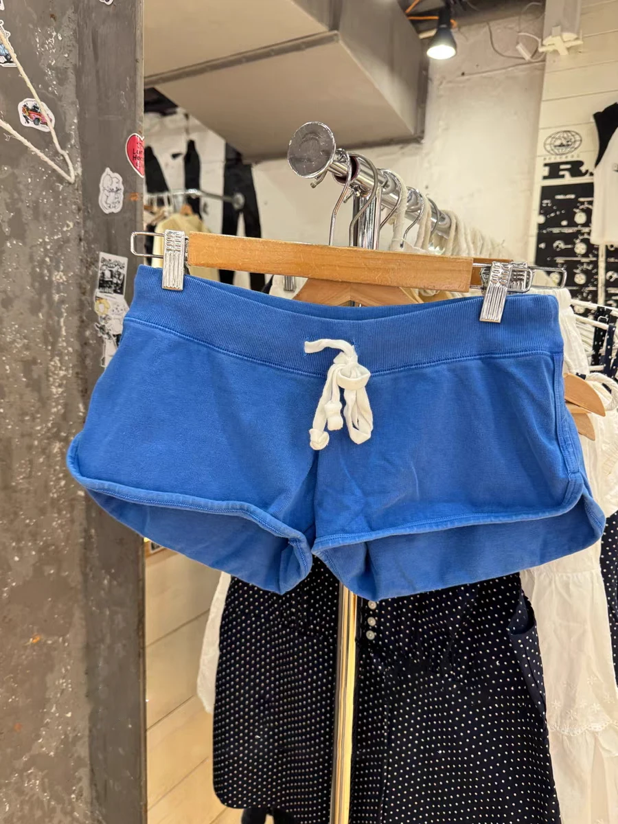 Drawstring Vintage Solid Sweatshorts Woman Autumn Casual Low Waist Straight Short Pants Blue Vintage Simple Cotton Sport Shorts