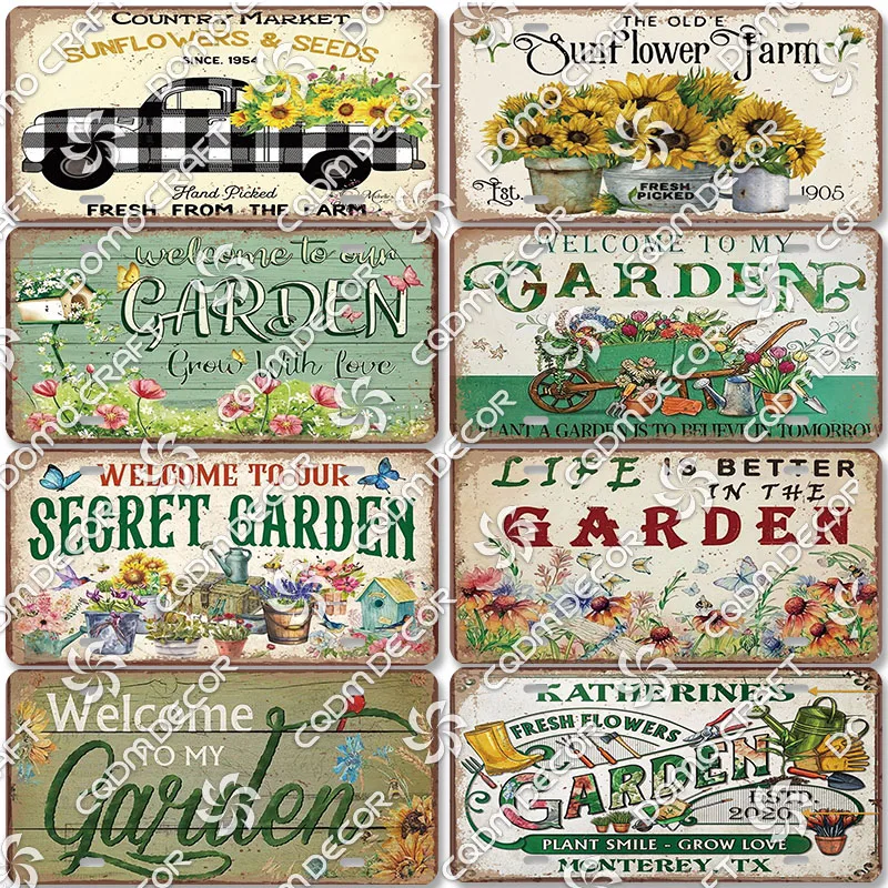 

Garden Plaques Vintage Metal Tin Signs Car Sunflower Butterfly Metal Plate Flower Shop Manor Living Room Wall Decor