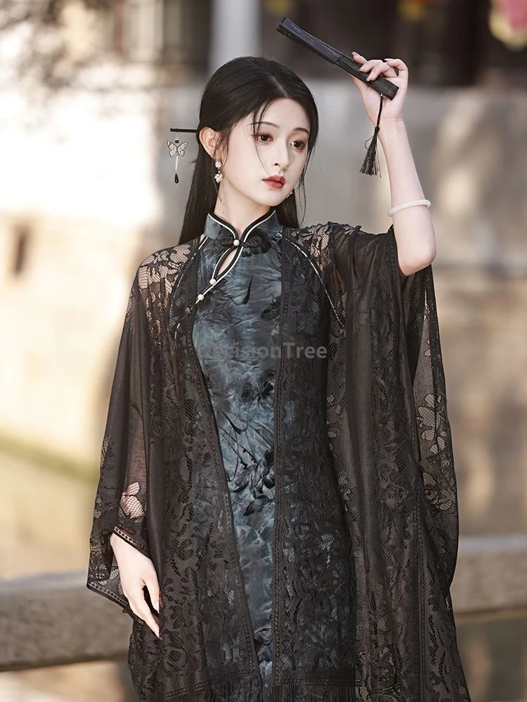 

2025 chinese style lace shawl long length versatile qipao retro shawl ancient style temperament hollow out tassel thin cardigan