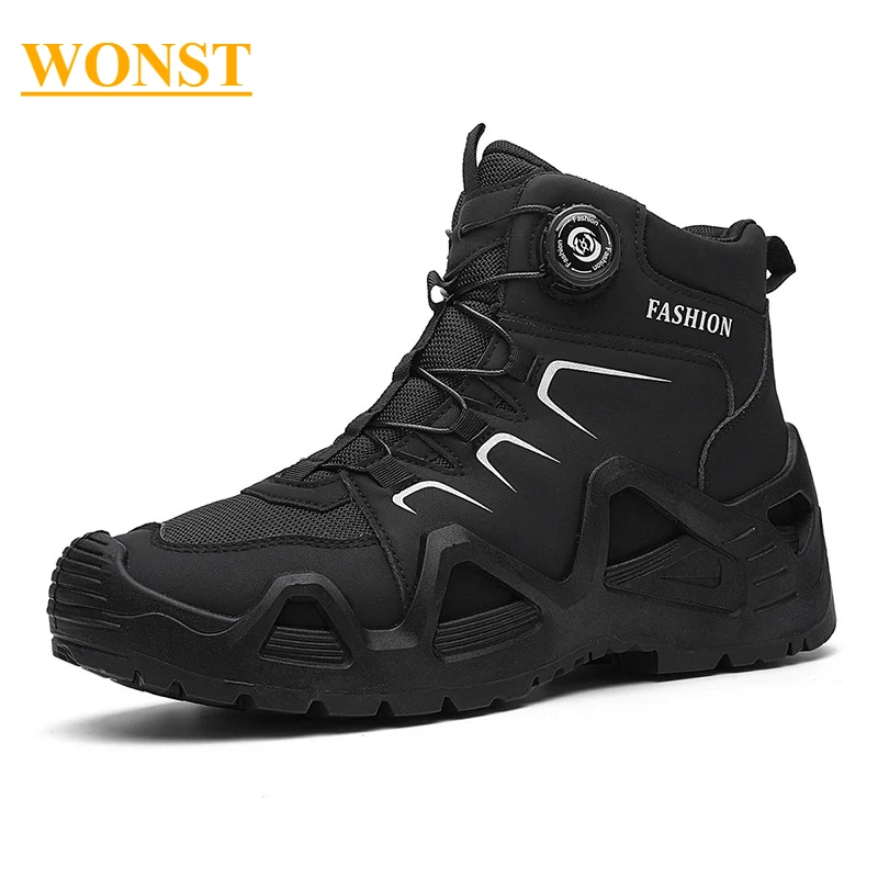 

WONST Black Men's Motorcycle Boots Size Rotating Lacing Men Ankle Boots Wearable Platform Outdoor Boots For Man botas de hombre
