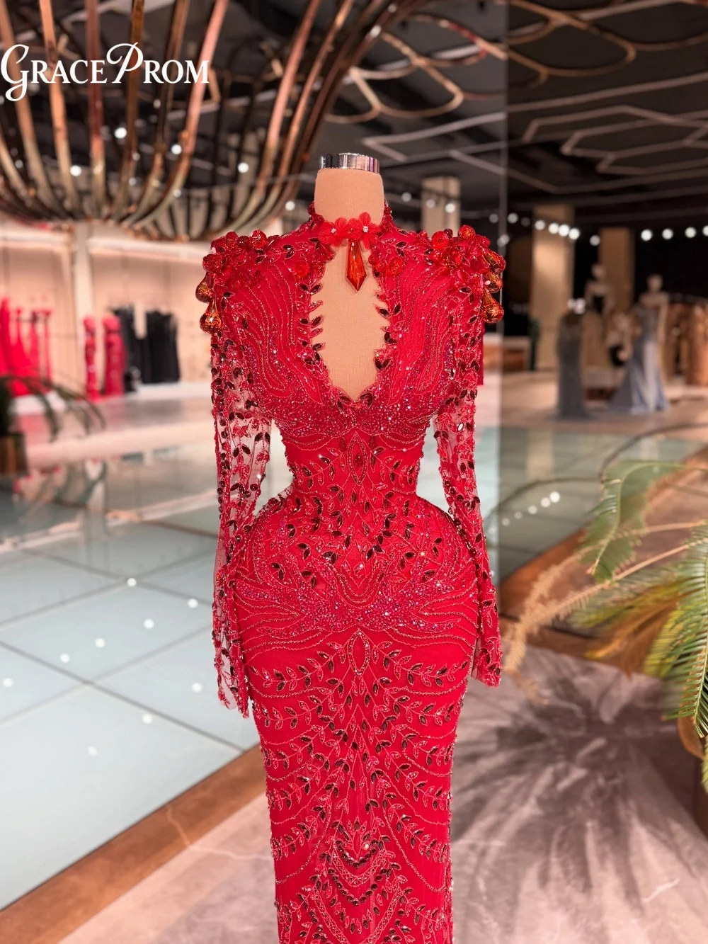 

Luxury Red Beaded Crystal Evening Gown Dazzling High Neck Long Sleeve Mermaid Formal Party Dress For Wedding Guests فساتين سهرة