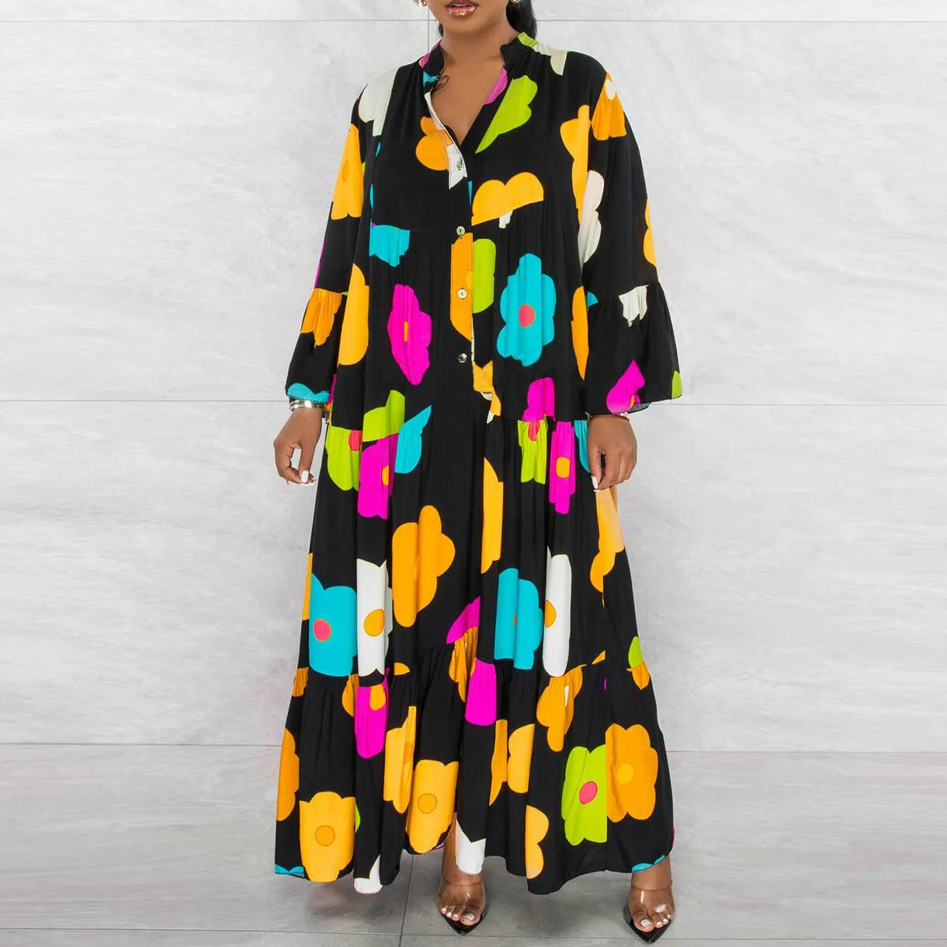 Robes Africaines Élégantes pour Femmes Printemps Automne Femmes Africaines À Manches sulfCol En V Polyester Imprimé Maxi Robe Afrique Vêtements S-3XL